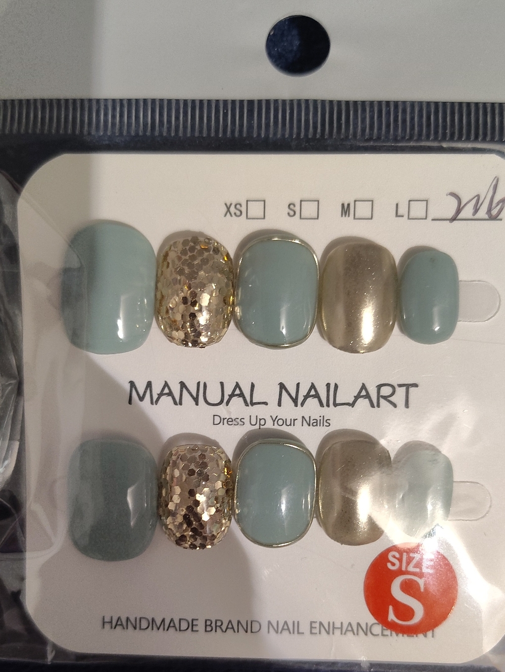 Size S Press-On Nail Set in Sage Green and Gold